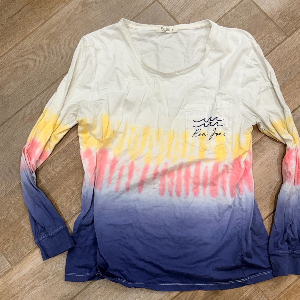 Ron Jon Surf Shop Womens Sunset Tie Dye Long Sleeve Pocket Tee Shirt Large